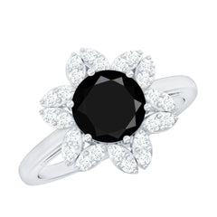 2.25 CT Created Black Diamond Flower Halo Ring with Diamond