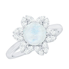 0.85 CT Moonstone and Diamond Floral Halo Engagement Ring