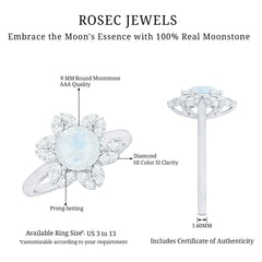 0.85 CT Moonstone and Diamond Floral Halo Engagement Ring