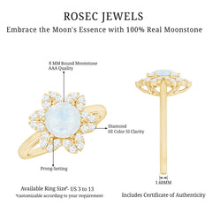 0.85 CT Moonstone and Diamond Floral Halo Engagement Ring