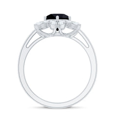 Genuine Round Cut Black Onyx Flower Engagement Ring with Diamonds