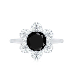 Natural 2.5 Carat Black Spinel Flower Engagement Ring with Diamond