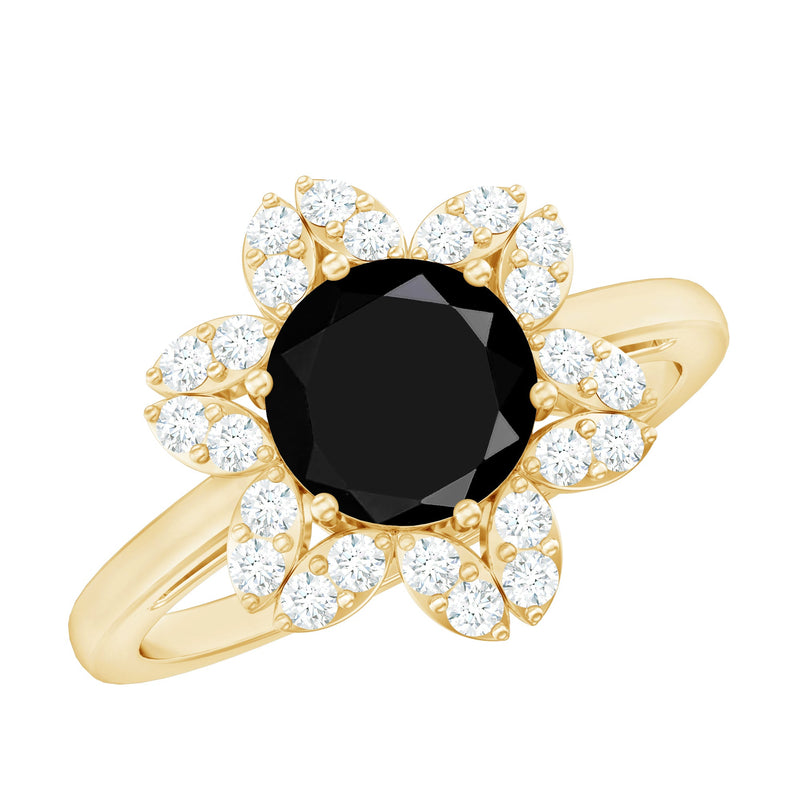 Natural 2.5 Carat Black Spinel Flower Engagement Ring with Diamond