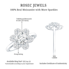 Certified Moissanite Flower Halo Engagement Ring for Women