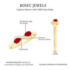 Natural Pear Shape Ruby Toi Et Moi Promise Ring with Diamond