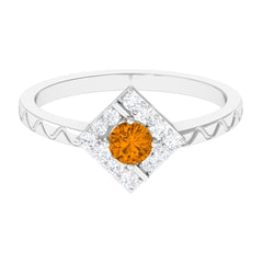 0.50 CT Round Shape Citrine Minimal Textured Ring with Diamond