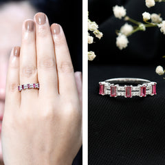 Real Baguette Ruby Half Eternity Band Ring with Diamond