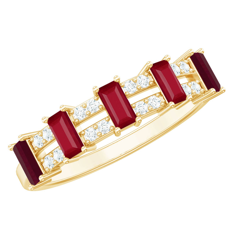 Real Baguette Ruby Half Eternity Band Ring with Diamond