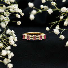 Real Baguette Ruby Half Eternity Band Ring with Diamond