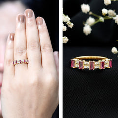Real Baguette Ruby Half Eternity Band Ring with Diamond