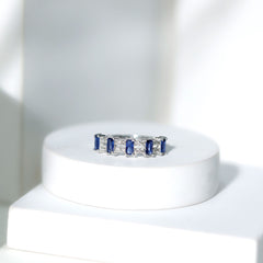 Certified Baguette Lab Grown Blue Sapphire Half Eternity Band Ring with Diamond