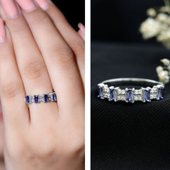 Certified Baguette Lab Grown Blue Sapphire Half Eternity Band Ring with Diamond