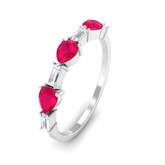 East West Style Pear Shape Ruby Half Eternity Ring with Baguette Diamond