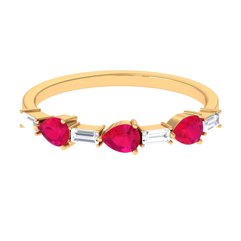 East West Style Pear Shape Ruby Half Eternity Ring with Baguette Diamond