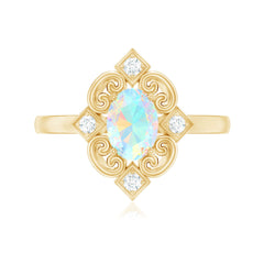 Oval Cut Certified Ethiopian Opal Vintage Inspired Engagement Ring with Diamond