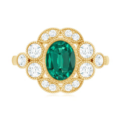 Certified Oval Lab Grown Emerald Antique Looking Engagement Ring