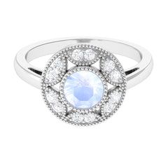 3/4 CT Round Moonstone and Diamond Vintage Engagement Ring