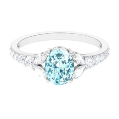 Split Shank Oval Aquamarine Solitaire Ring with Moissanite