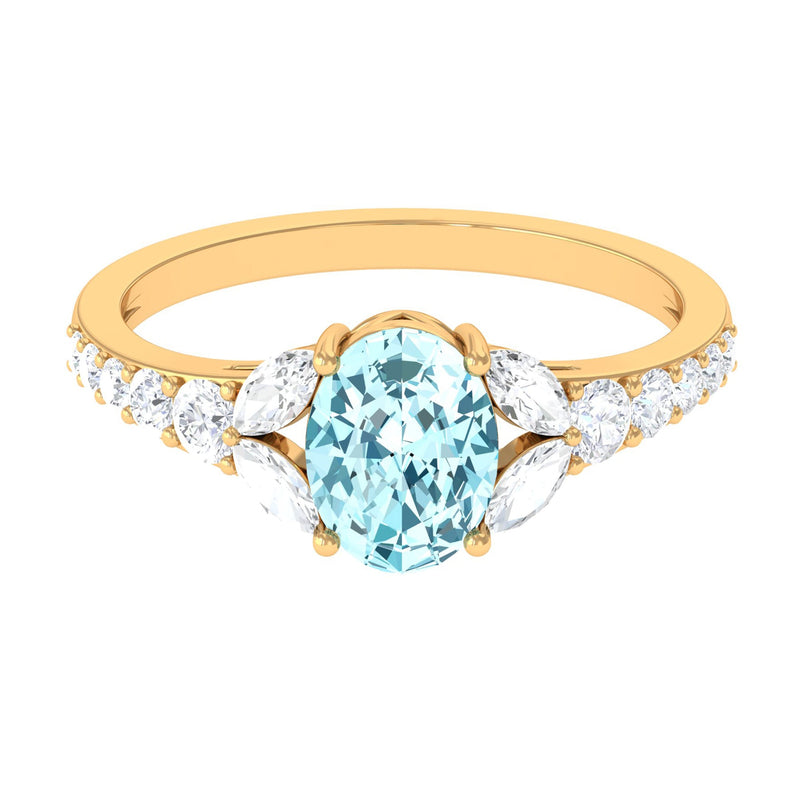Split Shank Oval Aquamarine Solitaire Ring with Moissanite