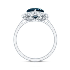 8mm Heart Shape London Blue Topaz Designer Engagement Ring with Diamond Halo