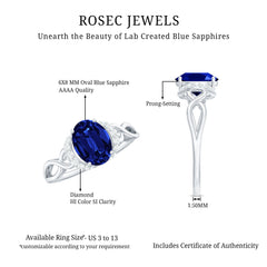 Certified 1.5 Carat Lab Grown Blue Sapphire Diamond Oval Engagement Ring with Crossover Shank