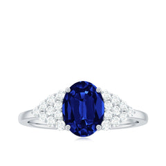 Certified 1.5 Carat Lab Grown Blue Sapphire Oval Engagement Ring with Diamond Side Stones