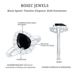 Certified Real 7X10mm Black Spinel Teardrop Engagement Ring with Moissanite Halo