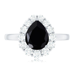 Certified Real 7X10mm Black Spinel Teardrop Engagement Ring with Moissanite Halo