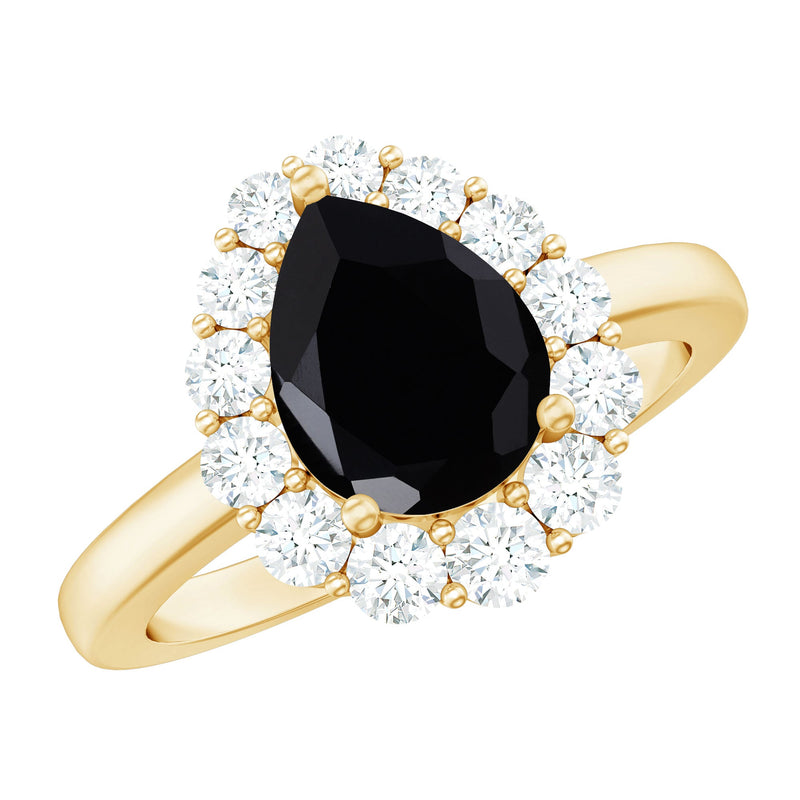 Certified Real 7X10mm Black Spinel Teardrop Engagement Ring with Moissanite Halo