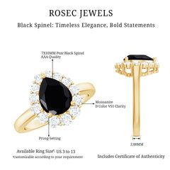 Certified Real 7X10mm Black Spinel Teardrop Engagement Ring with Moissanite Halo