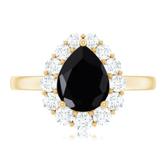Certified Real 7X10mm Black Spinel Teardrop Engagement Ring with Moissanite Halo