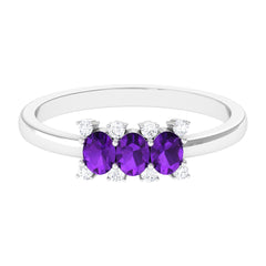 1/2 CT Oval Amethyst Three Stone Promise Ring with Diamond