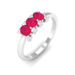 Oval Ruby Three Stone Promise Ring with Diamond