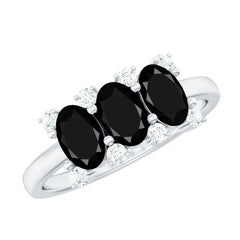 Natural Oval Black Spinel 3 Stone Engagement Ring with Diamond