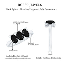 Natural Oval Black Spinel 3 Stone Engagement Ring with Diamond