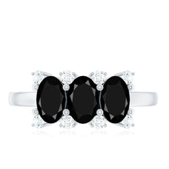 Natural Oval Black Spinel 3 Stone Engagement Ring with Diamond