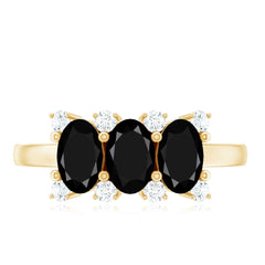 Natural Oval Black Spinel 3 Stone Engagement Ring with Diamond