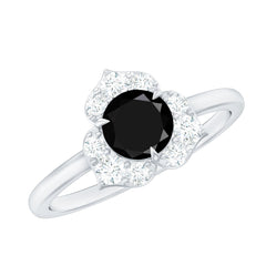 Natural Black Spinel Flower Engagement Ring with Diamond