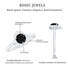 Natural Black Spinel Flower Engagement Ring with Diamond
