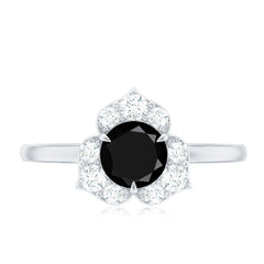 Natural Black Spinel Flower Engagement Ring with Diamond