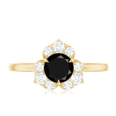 Natural Black Spinel Flower Engagement Ring with Diamond