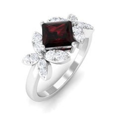 Natural 6mm Garnet Princess Cut Engagement Ring with Diamond Flower