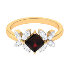 Natural 6mm Garnet Princess Cut Engagement Ring with Diamond Flower