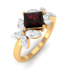 Natural 6mm Garnet Princess Cut Engagement Ring with Diamond Flower
