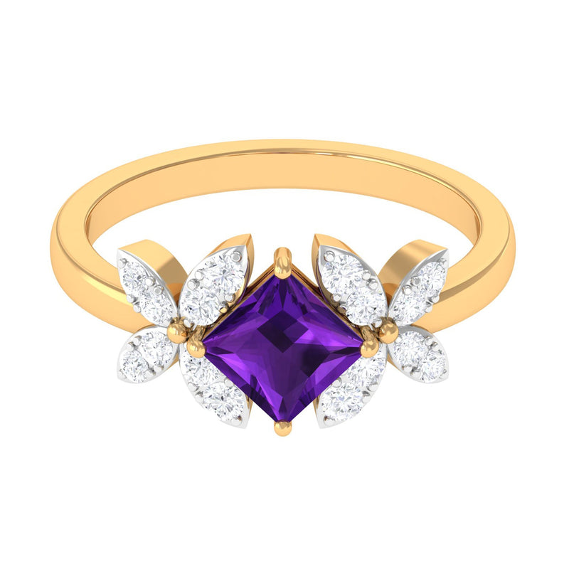 Princess Cut Amethyst Floral Engagement Ring with Diamond