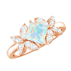 Natural Princess Cut Ethiopian Opal Flower Engagement Ring with Diamond