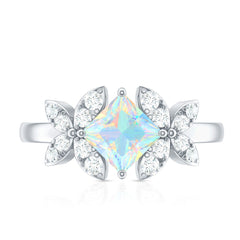 Natural Princess Cut Ethiopian Opal Flower Engagement Ring with Diamond