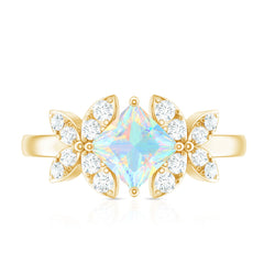 Natural Princess Cut Ethiopian Opal Flower Engagement Ring with Diamond