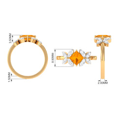 1.50 CT Princess Cut Fire Opal Flower Engagement Ring with Diamond