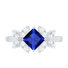 Certified 1.5 Carat Princess Cut Lab Grown Blue Sapphire Engagement Ring with Diamond Flower